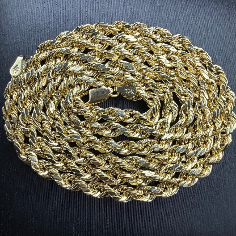 Hollow 10k Yellow Gold Diamond Cut Rope Chain Necklace 24" Long 4mm Wide